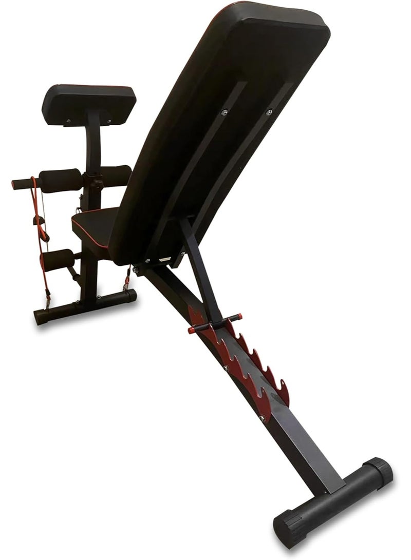 Fitness World A versatile, foldable, and adjustable weightlifting exercise bench with multiple incline positions, armrests, and resistance bands, featuring a sturdy steel frame – ideal for home workouts. - Image 3